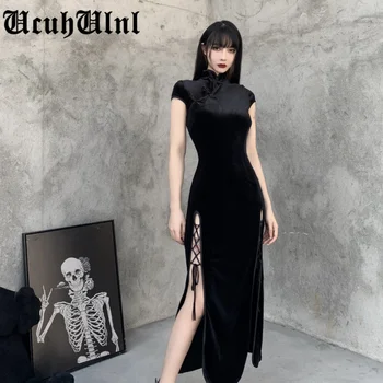 Retro Cheongsam Must Kleit Goth Kõrge Vöökoht Sidemega Segast Midi Kleit Naiste Elegantne Bodycon Lühikesed Varrukad Pool Kleit
