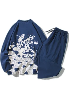 Retro Hiina tuul mere Jiang Ya trükitud pikk varrukas T-särk, püksid, kahe-osaline komplekt, suured tee-riietus Hiina