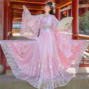 Roosa Hanfu Naiste Haldjas Kostüüm Cosplay Hiina Traditsiooniline Kleit Set Sära Pluss Suurus Äärisejoon Naiste Rõivad