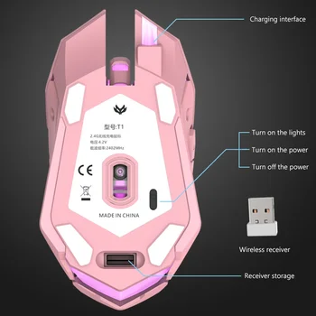 Roosa-Must T1 Ergonoomiline 2.4 G Laetav Hiirt, PC Arvuti Hääletu Taustvalgustusega USB Optical Wireless Gaming Mouse