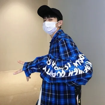 Ruuduline Sinine Pikad Varrukad Meeste Särk Õie Suvel Jaapani Korea Streetwear HipHop Liiga Kontroll Sügisel Lapp Särgid Meeste Mood
