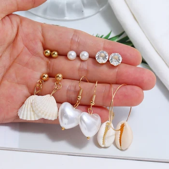 Rõivamanused Mood Lihtne Isiksus Loominguline Naiste Kõrvarõngad Komplekt Elegantne Metallist Meritäht Shell Faux Heart Pearl Eardro