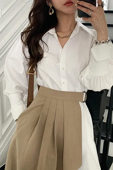 SHENGPALAE 2021 uus kevad-suve mood naiste riided turn-down) krae täis varrukatega valge särk, kleit, servjätkatud seelik komplekt 83846