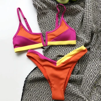 Seksikas segast soonilised ujumistrikoo Vintage colorblock bikiinid 2021 Kõrge lõigatud supelrõivad naiste Bandeau push up trikoo Beach kanda