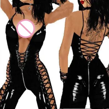 Seksikas wetlook Faux Nahast Catsuit PVC Lateks kinnismõte Bodysuit Tõmblukk Avatud Jalgevahe keha seksikas kuum erootiline Clubwear pole dance Pesu