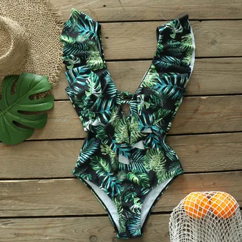 Seksikas Ühes Tükis Ujumistrikoo Ruffle Supelrõivad Naiste V-Kaeluse Trikoo Beach Kanda 2021 Uus Prindi Monokini Naine