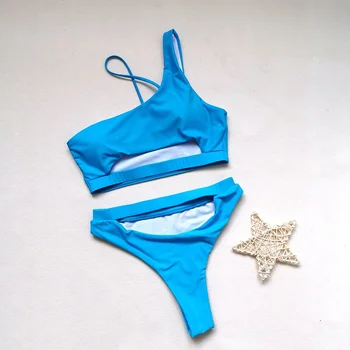 Sexy Bikini 2021 Sidemega Ujumistrikoo Naistele Kõtu Lõigatud Supelrõivad Kõrge Leg Tükeldatud Biquini Ühe Õla Seksikas Ujumistrikoo Ujumispüksid
