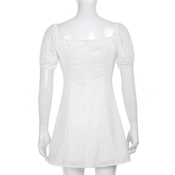 Sidemega Square Krae Vintage Tahked Valged Lühikesed Varrukad Elegantne Kleit Lühike Joon Auk Stiilne Korea Kleidid Naine Kleit