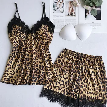 Siidist Pidžaama Komplekt Naistele Leopard Print 4 Tk Pidžaamad Komplekt Satiin Pijamas Mujer Sleepwear Nightwear Kodu Riided Seksikas Naistepesu #W 45955