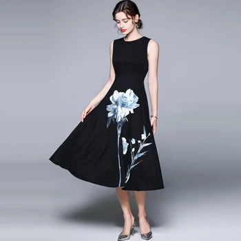 Simgent Must Kleit Suvine Naiste Vintage Sleevless Õie Printida Line Lahvatas Kleidid Daamid Rõivad Rüü Longue Femme SG14215