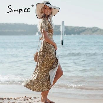 Simplee Boho ruffle tiivad split naiste kleit suvine Puhkus lace up long beach kleit leopard Vabaaja õhuke naiste maxi vestidos 40472