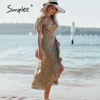 Simplee Boho ruffle tiivad split naiste kleit suvine Puhkus lace up long beach kleit leopard Vabaaja õhuke naiste maxi vestidos