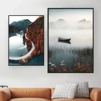 Skandinaavia Loodus Maastik Plakat Mountain Lake Paat Prindi Põhjamaade Maalikunst Dekoratiivne Pilt Kaasaegse Kodu Seina Art Teenetemärgi