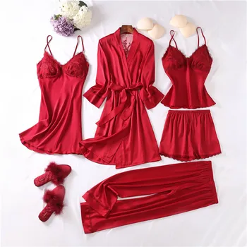 Sleepwear Pits Naiste Pidžaama Komplekt Seksikas 5 tk Rüü Sobiks Kimono Kleit Seksikas Siserõivad V-kaeluse Hommikumantel Pesu Nightwear