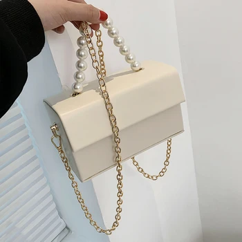 Solid color Box kott Pearl kott 2021 Suvel Uus kvaliteetne PU Nahast Naiste Disainer Käekotis Kett Õlal Messenger Kott