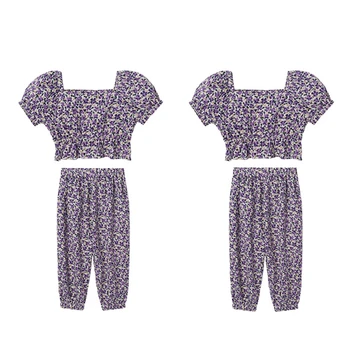 Summer Baby Girl Komplekt Ruuduline Õie Ülikond U-Kaeluse Puhvis Varrukad Lühikesed Varrukad Top+Pikad Püksid Laste Riided Tüdruk Riided