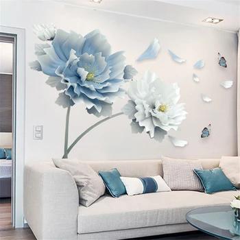 Suur Valge Sinine Lill Lotus Liblikas Eemaldatavad Seina Kleebised 3D Seina Art Kleebised Home Decor Pannoo Kunst elutuba Magamistuba