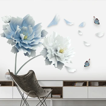 Suur Valge Sinine Lill Lotus Liblikas Eemaldatavad Seina Kleebised 3D Seina Art Kleebised Home Decor Pannoo Kunst elutuba Magamistuba
