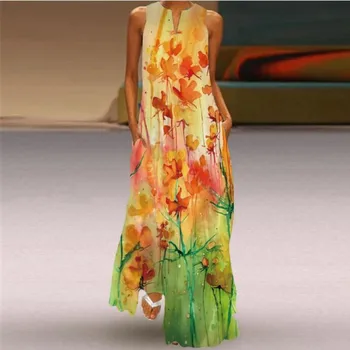 Suured Varrukateta Pikk Kleit 2021Casual Beach Naiste Suvine Kleit Lady V Kaela Liblikas Trükitud Kleidid Elegantne Naiste Kleit