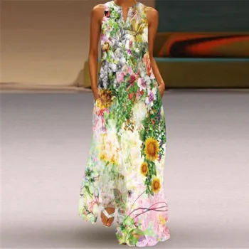 Suured Varrukateta Pikk Kleit 2021Casual Beach Naiste Suvine Kleit Lady V Kaela Liblikas Trükitud Kleidid Elegantne Naiste Kleit