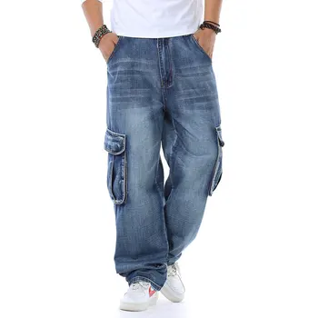 Suurus 30 - 46 2021 Meeste Teksad Loose Fit Mens Lõdvestunud Denim Püksid Sirge Mood Kottis Streetwear Hip-Hop Sinine Lai Jalg Püksid 181719
