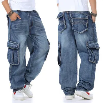 Suurus 30 - 46 2021 Meeste Teksad Loose Fit Mens Lõdvestunud Denim Püksid Sirge Mood Kottis Streetwear Hip-Hop Sinine Lai Jalg Püksid