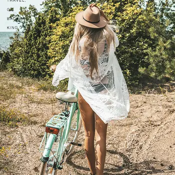 Suve Bikiinid varjata Naiste Kimono Beach Ujumisriided, Kleit Valge Pitsiline Tuunika, Vann, Sarong Õõnes Lahti tikandid Beachwear