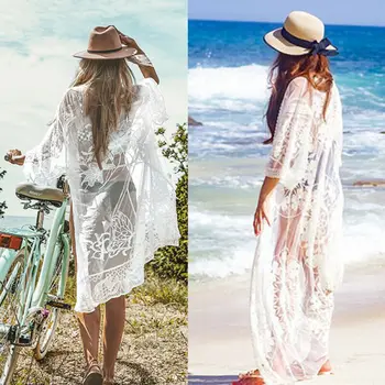 Suve Bikiinid varjata Naiste Kimono Beach Ujumisriided, Kleit Valge Pitsiline Tuunika, Vann, Sarong Õõnes Lahti tikandid Beachwear