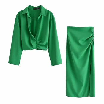 Suve Pluus Naiste ZA 2021 Elegantne Plisseeritud Roheline Crop Top Kõrge Vöökoht Midi Seelik Vintage Pool Volt Pilu Hem Seelikud Naine Sobib