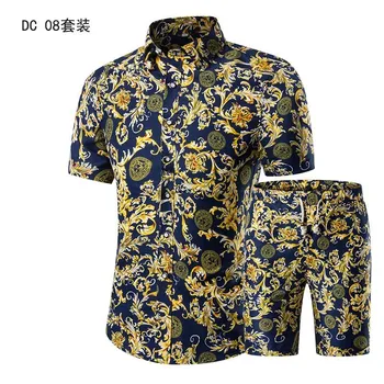 Suvel Mens Fashion 2021 Kuld Luksus Disainer Särgid Mens Set Väljamõeldud Hawaii Beachwear Õie Trükitud Meeste Lühikesed Varrukad Klubi