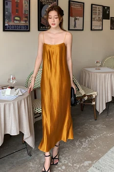 Suvel Naiste Satiin Plisseeritud Shinning Kuld Tank Kleit Naine Camisole Varrukateta Pikk Kleidid Naistele