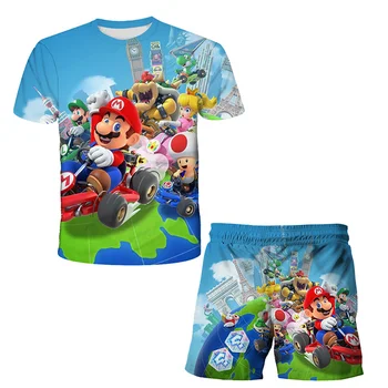 Suvel Poiss sobiks Tüdruk, T-särk, Uus Armas Multikas Mario 3D Trükkimine T-särk Baby Hingav Riided 4T-14T Top + püksid 2-osaline komplekt