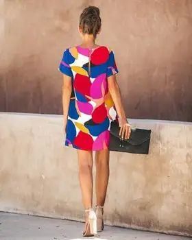 Suvel Uued Naiste ümber Kaela Lühikesed Varrukad Mitut Värvi Tepingud Prindi Street Style Lady Mini Kleit