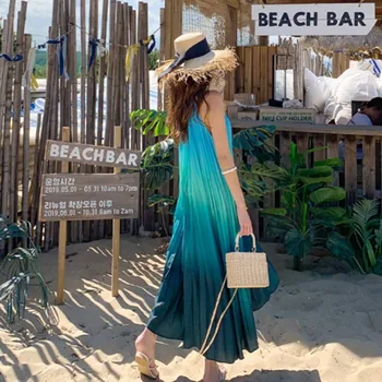 Suvel Uus Varrukateta Beach Puhkus Rippus Kaelas Seksikad Olkaimeton Kleit Naine Gradient Värvi, Plisseeritud Bohemian Maxi Vestidos