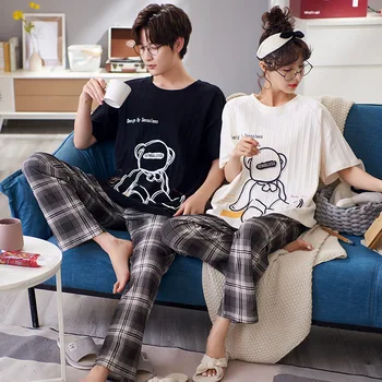 Suvel puuvillane lühikesed varrukad pikad püksid õhukesed paari pidžaamasid naine cartoon armas korea mehed võivad kanda kodus ülikond 43549