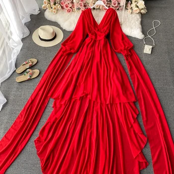 Sügisel Kevadel Raja Luksus Vintage Boho Kleit Poole 2021-Line Elegantne Kleidid Naiste Pikad Varrukad Kõrge Vöökoht Tahke Punane