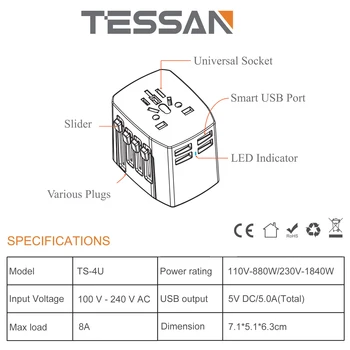 TESSAN EU/UK/CN-kood/US/AU International Travel Adapter Unniversal Turustusvõimalusi 4 Laadimine USB Pordid Jaama Pistikupesa
