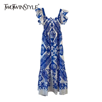TWOTWINSTYLE Vintage Blue Print Kleit Naistele Square Krae, Lühike Varrukas Kõrge Vöökoht Sale Maxi Kleidid Naine 2021 Suvel Stiil