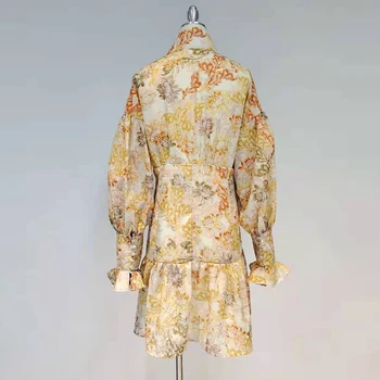 TWOTWINSTYLE Vintage Sidemega Kleit Naistele Seista Krae Pikk Varrukas Kõrge Vöökoht Prindi Mini Kleidid Naiste Mood Uued Riided