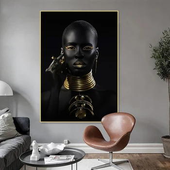 Tänapäeva Põhjamaade Must ja Kuld Aafrika Naine, Lõuend Prindi Plakat Maali Pilt Seina Kunst elutuba, Magamistuba Kodu Kaunistamiseks