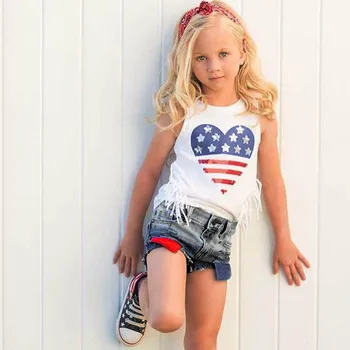Tüdruk, 4. juuli Komplekt Tüdrukute Riideid, Seab Lühikese Varrukaga Topid Denim lühikesed püksid Neljas juuli 2021 Lapsed Riided Väikelapse Tüdruk Riided