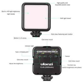 ULANZI VL49 LED Video Valgus Laetav Vlog iPhone Kaamera Täitke Lamp kinnituskoha 121597