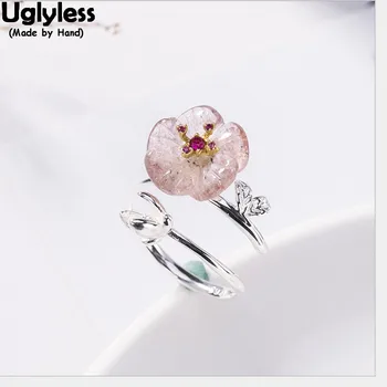 Uglyless Reaalne Olemus Roosa Maasika Kvarts Plum Blossom sõrmustes Naistele Avatud Trahvi Ehteid, Käsitsi valmistatud Lille Avatud Ring