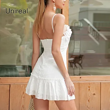 Unireal 2021 Suvel Naiste Valge Pool Kleit Spagetid Rihm Seksikas Backless Valge Pits Ruffle Mini Kleit 86285