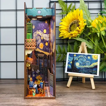 Uus DIY Book Nook Van Goghi Maailma Mudel Puidust Bookend Broneeri Riiul Insert Raamaturiiul Kerge Komplekt Käsitöö Mänguasi Lastele Kingitus 72221