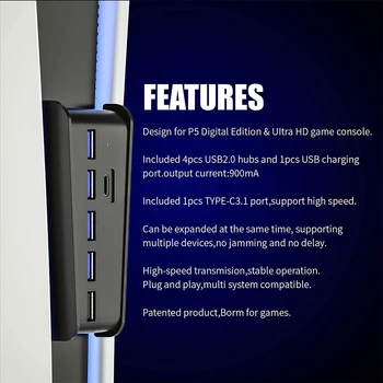 Uus PS5, USB Hub, 6 in 1 USB-Jaoturi Expander Hub Adapter 5 USB-A + 1 USB-C Sadamate PlayStation 5 Super Speed USB Adapter