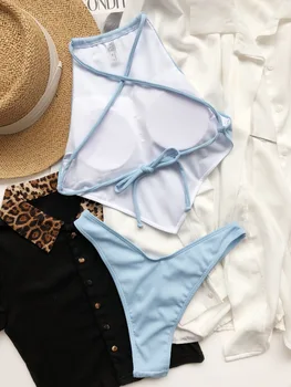 Uus Side Bikini Supelpüksid Naiste 2021 Seksikas Tahke Päitsed Kõrge Lõigatud Bellyband Ujumistrikoo 2 Tükki Suvel Beachwear Ujuda Bather Ülikond