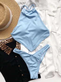 Uus Side Bikini Supelpüksid Naiste 2021 Seksikas Tahke Päitsed Kõrge Lõigatud Bellyband Ujumistrikoo 2 Tükki Suvel Beachwear Ujuda Bather Ülikond