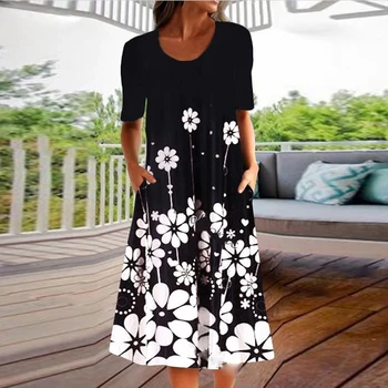 Uus Suvine Kleit Naiste Flower Print Vabaaja Beach Kleidid Naistele O-kaeluse Tasku Lühikesed Varrukad Sundress Kleit Pluss Suurus S-5XL
