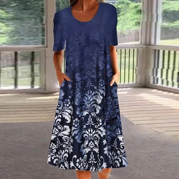 Uus Suvine Kleit Naiste Flower Print Vabaaja Beach Kleidid Naistele O-kaeluse Tasku Lühikesed Varrukad Sundress Kleit Pluss Suurus S-5XL